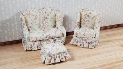 Dollhouse Small Sofa Chair Ottoman Pink Floral Ribbon 1:12 Scale Miniature Furniture