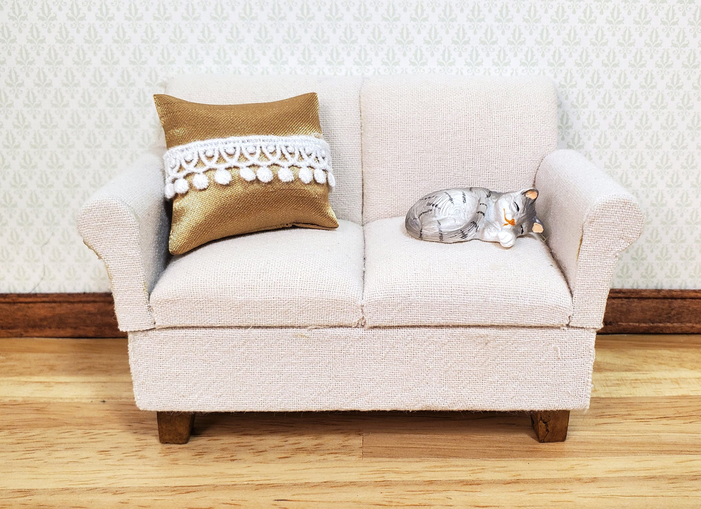 Dollhouse Christmas Pillow Gold w/ White Tassels Handmade 1:12 Scale Miniature