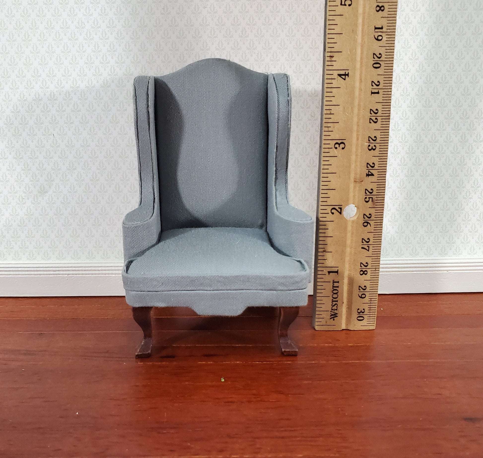 Dollhouse Arm Chair Wing Back Gray Fabric 1:12 Scale Miniature Furniture