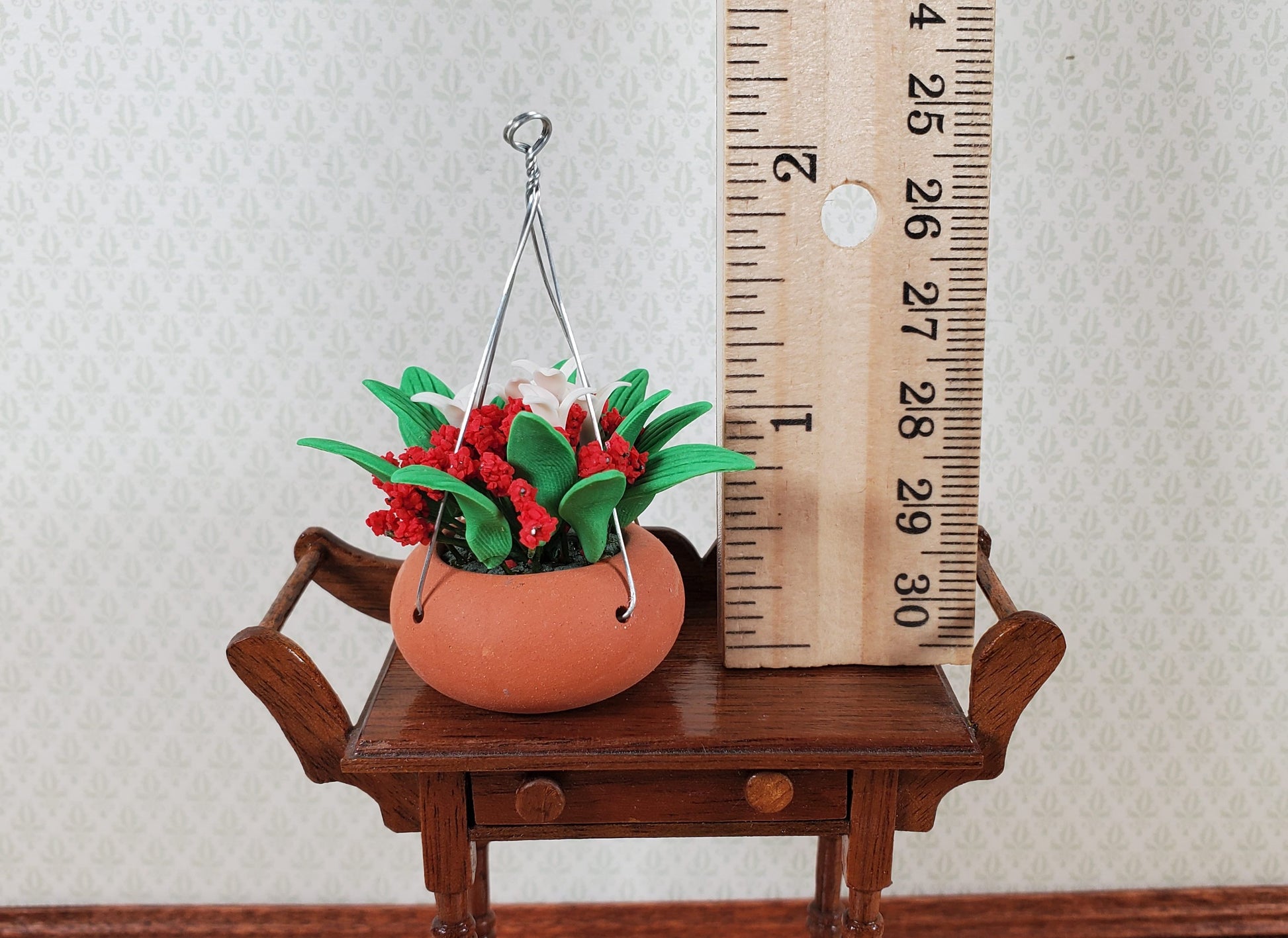 Dollhouse Red & White Flowers in a Hanging Terra Cotta Pot 1:12 Scale Miniature