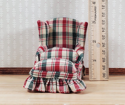Dollhouse Small Chair with Ottoman Red Green Plaid 1:12 Scale Miniature Furniture