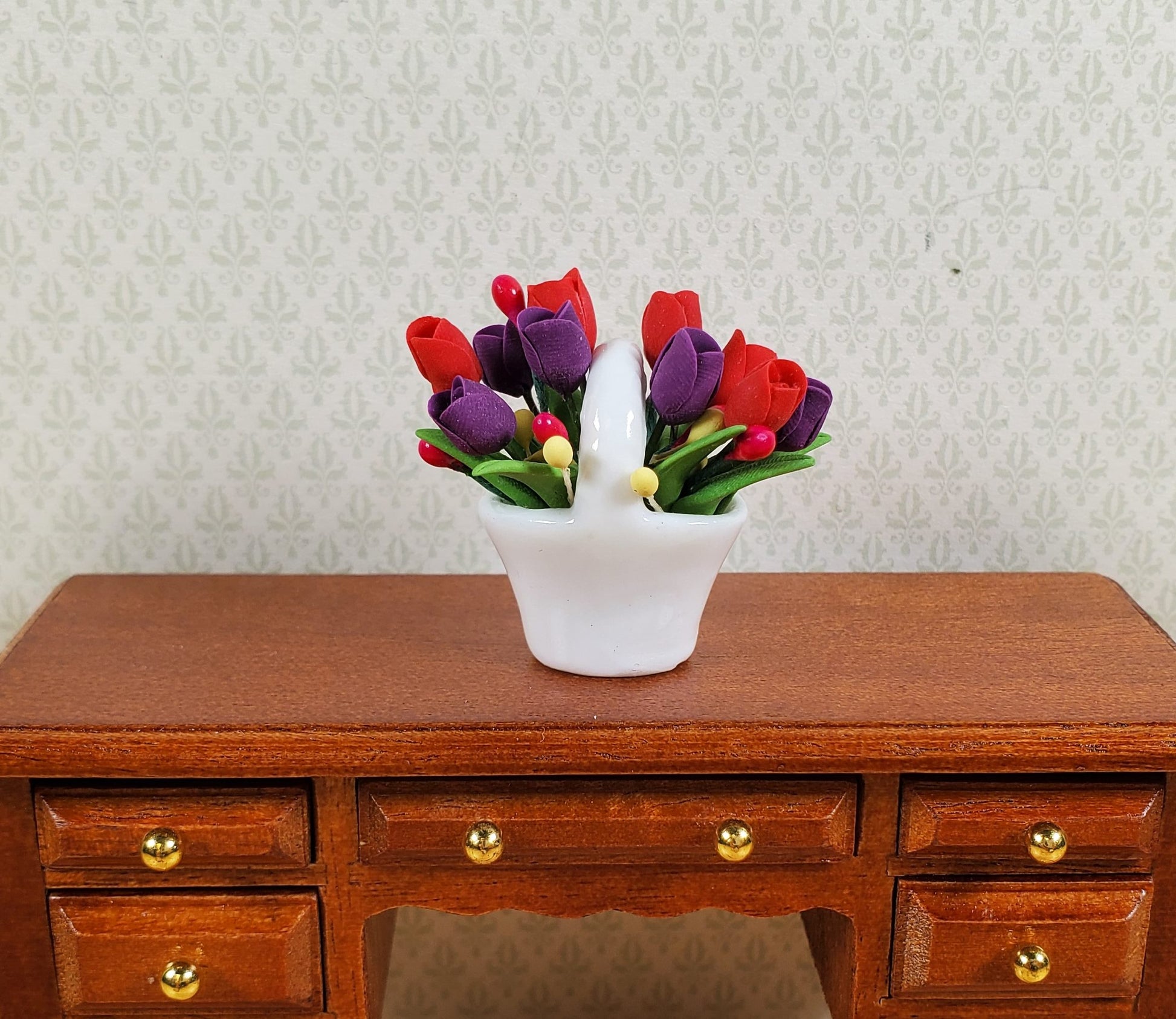 Dollhouse Red & Purple Tulips in a Ceramic Basket 1:12 Scale Miniature