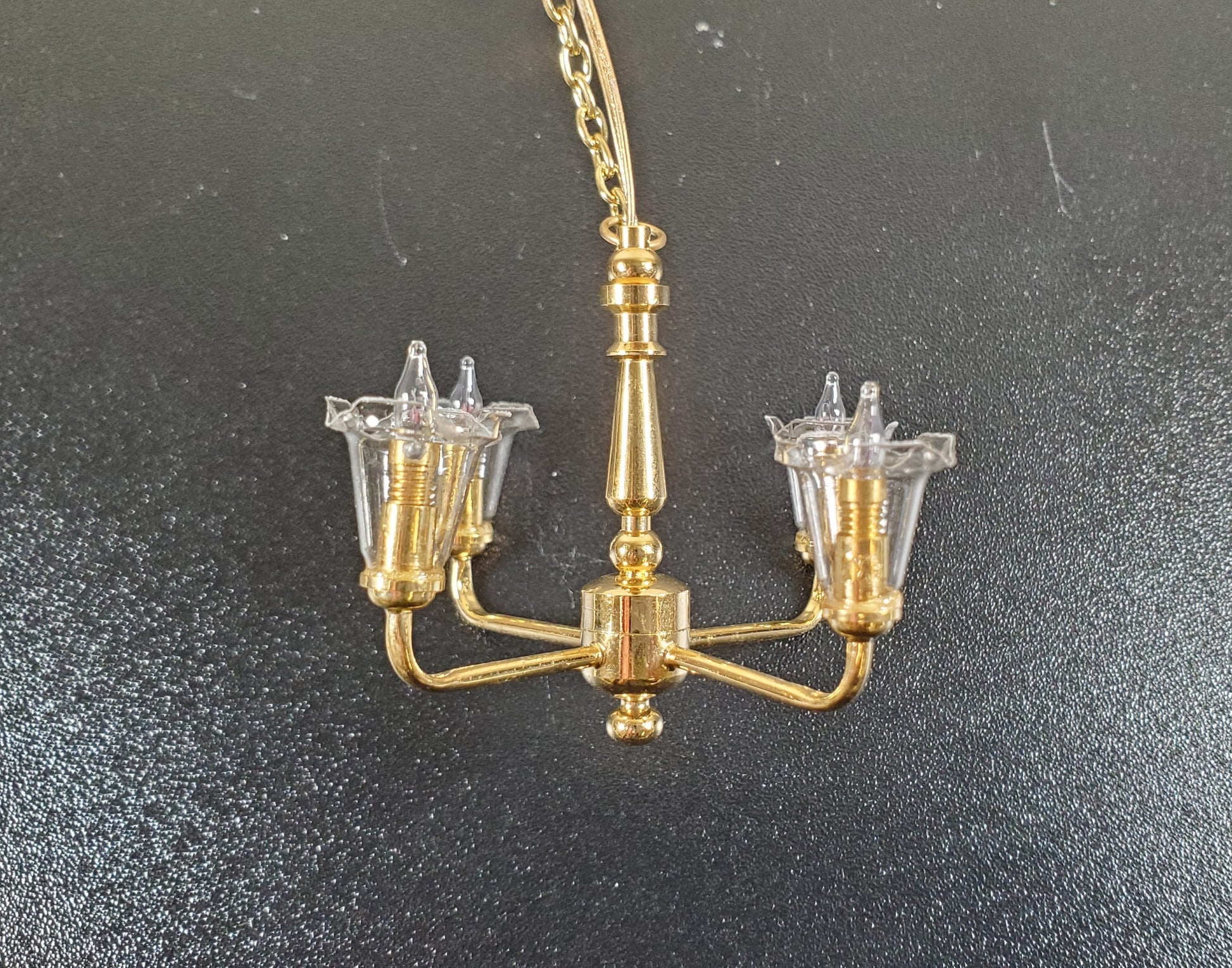 Dollhouse 4 Arm Chandelier Light Clear Tulip Shades 12 Volt with Plug 1:12 Scale