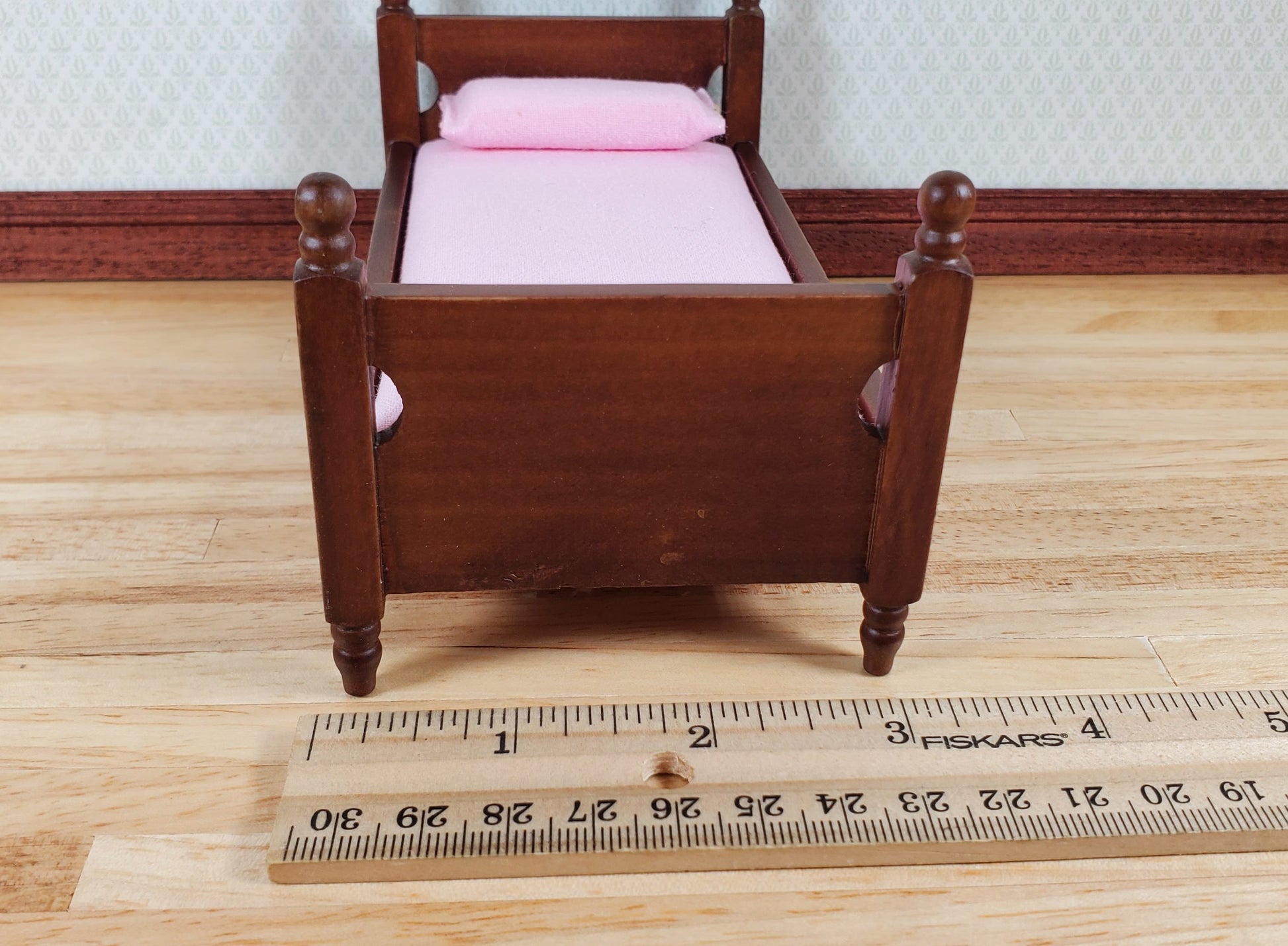 Dollhouse Single Bed Wood with a Walnut Finish Pink Sheets 1:12 Scale Miniature