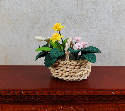 Dollhouse Assorted Spring Flowers in a Natural Fiber Basket 1:12 Scale Miniature