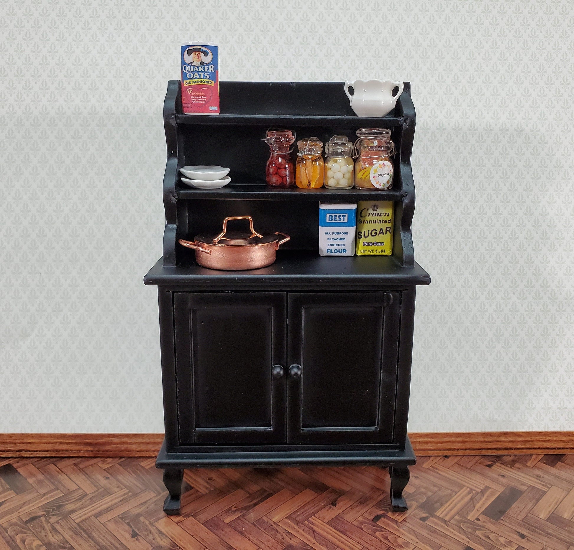 Dollhouse Tall Hutch Cabinet with Shelves Wood with a Black Finish 1:12 Scale Miniature Furniture