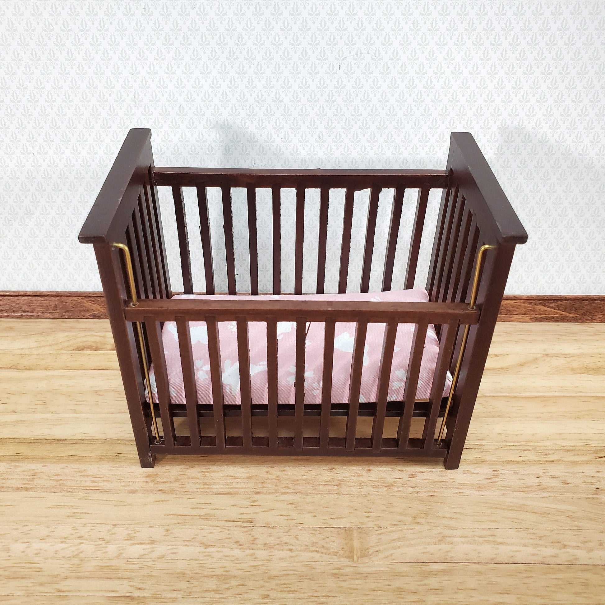 Dollhouse Crib Wood Drop Side Dark Walnut 1:12 Scale Miniature Nursery Furniture
