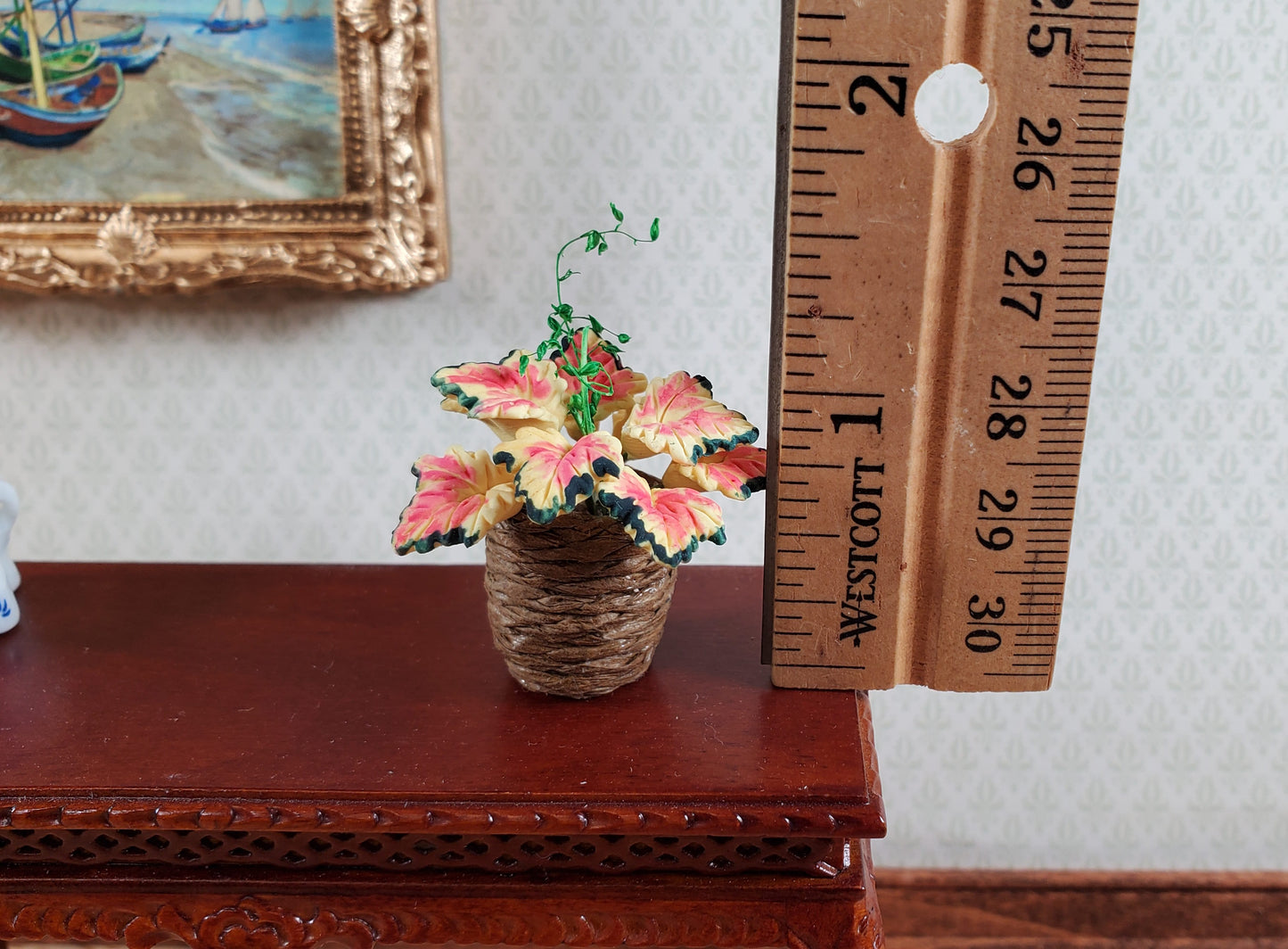 Dollhouse Coleus Plant in a Basket 1:12 Scale Miniature Garden Potted Plant