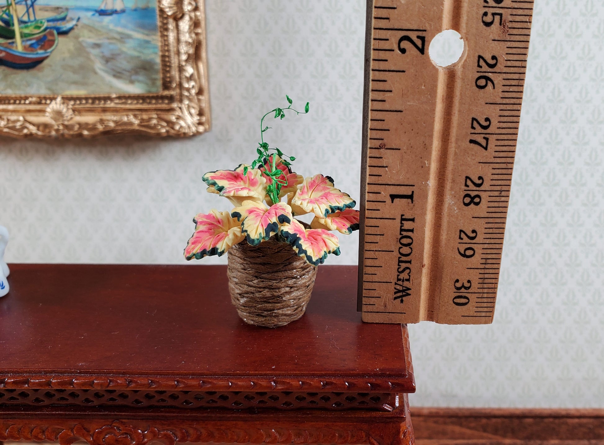 Dollhouse Coleus Plant in a Basket 1:12 Scale Miniature Garden Potted Plant