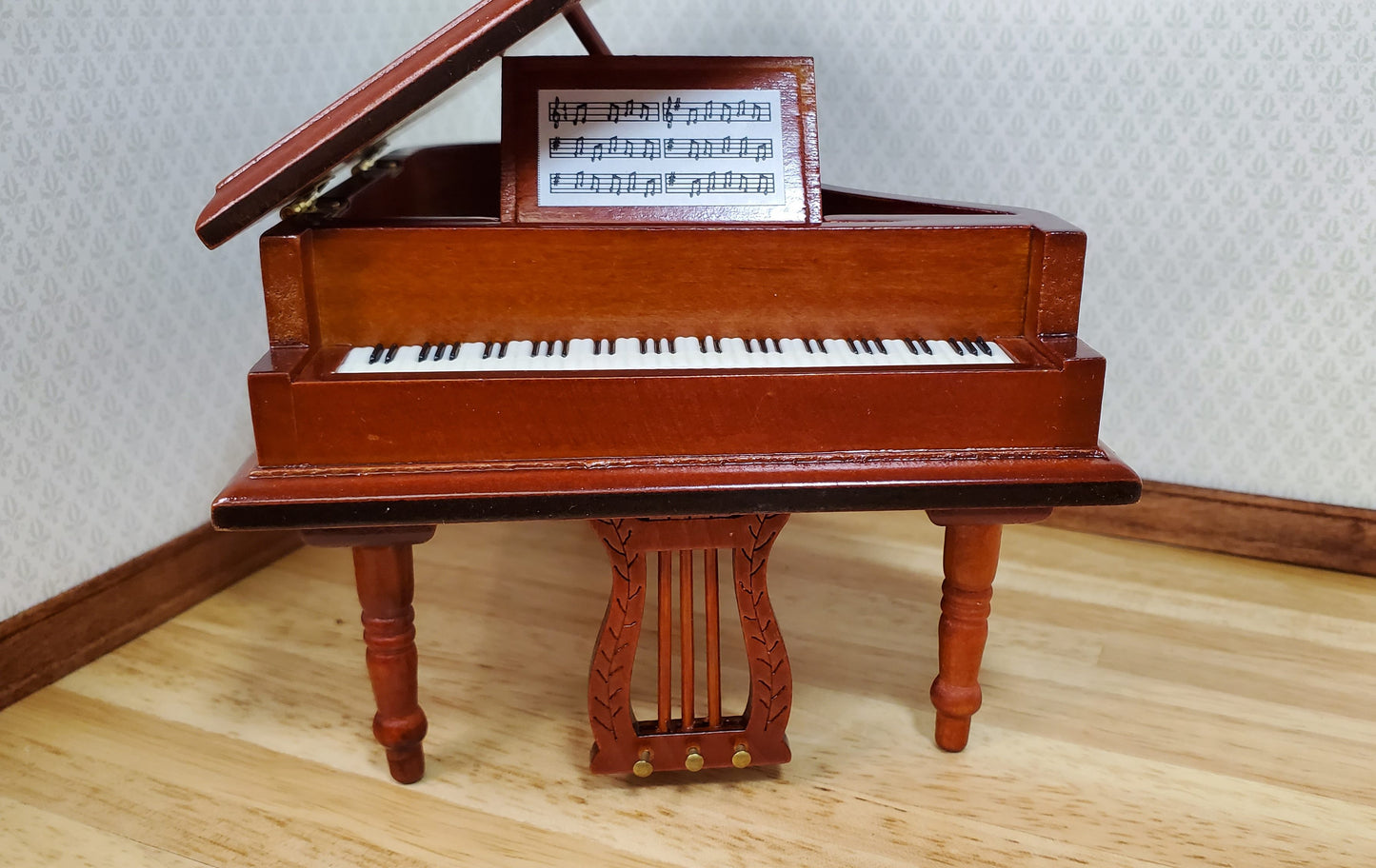 Dollhouse Grand Piano with Bench Seat Wood Instrument 1:12 Scale Miniature