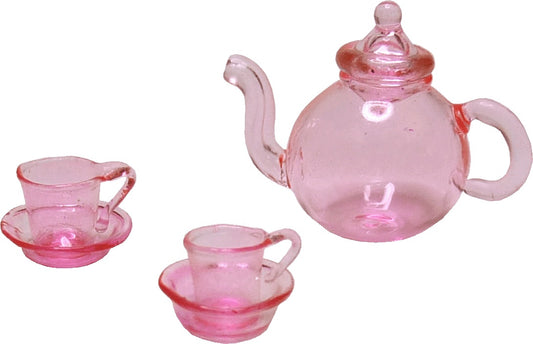Dollhouse Pink Glass Tea Set Teapot Teacups and Saucers 1:12 Scale
