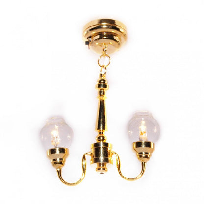 Dollhouse Miniature LED Battery Ceiling Light 2 Arm Clear Globes 1:12 Scale