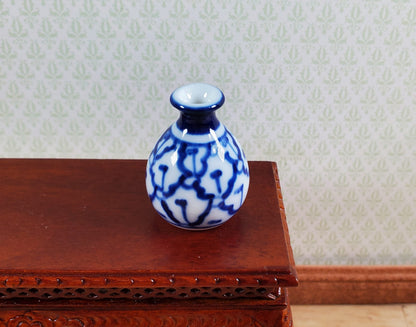 Dollhouse Large Pot Belly Vase Blue & White Patterned Ceramic 1:12 Scale Miniature 1"