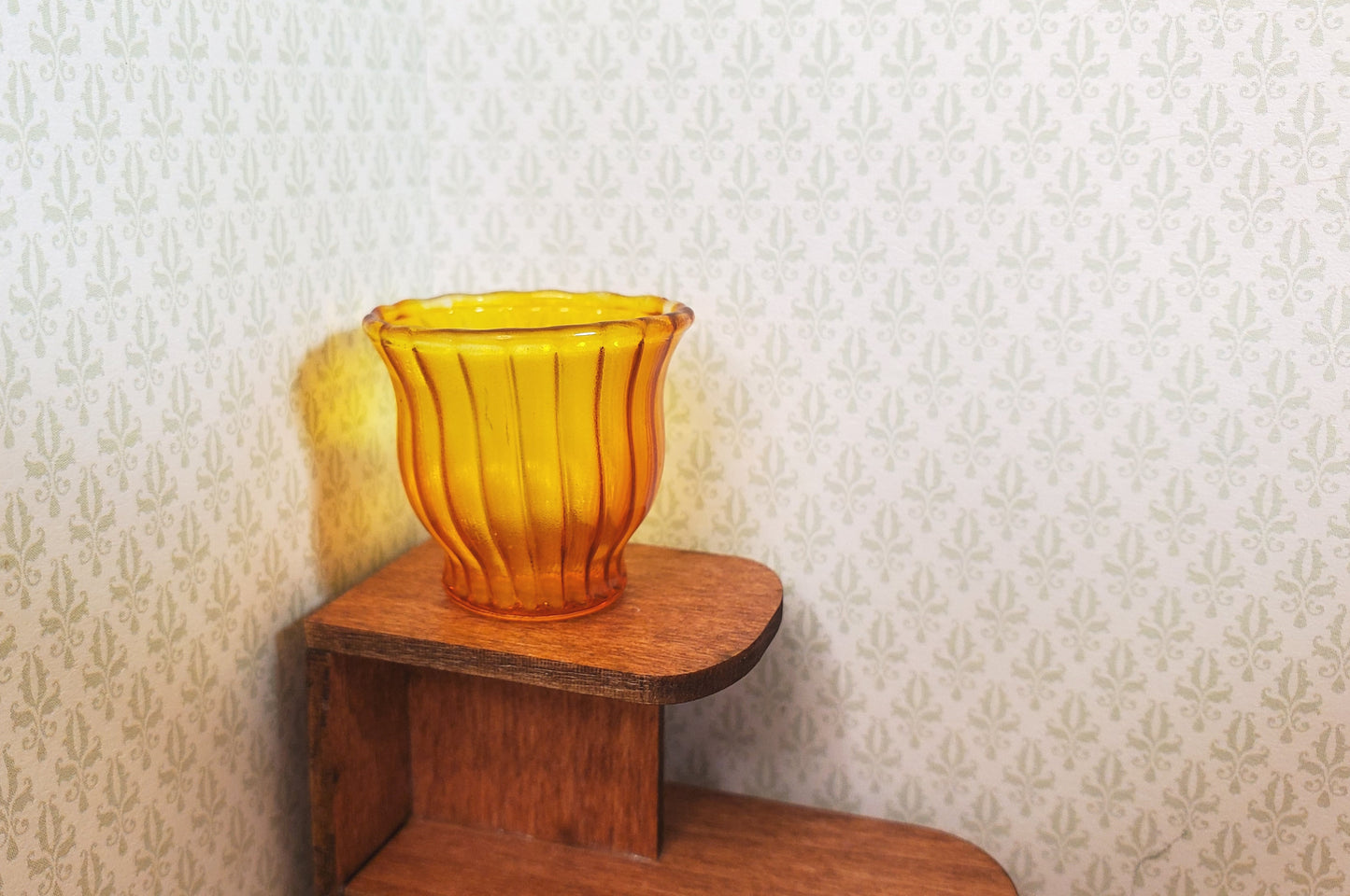 Dollhouse Glass Ribbed Flared Bowl Amber Color 1:12 Scale Miniature Decor