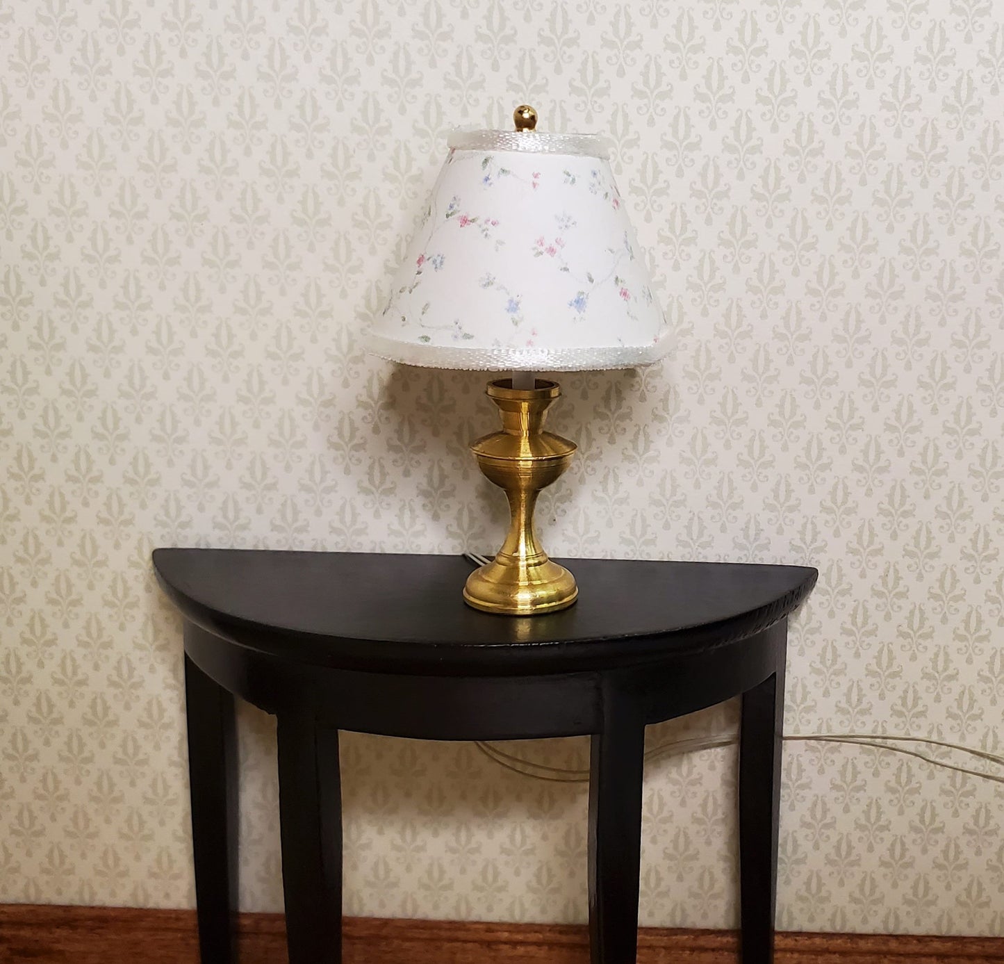 Dollhouse Table Lamp Tiny Floral Design Brass Base 12 Volt Wired 1:12 Scale