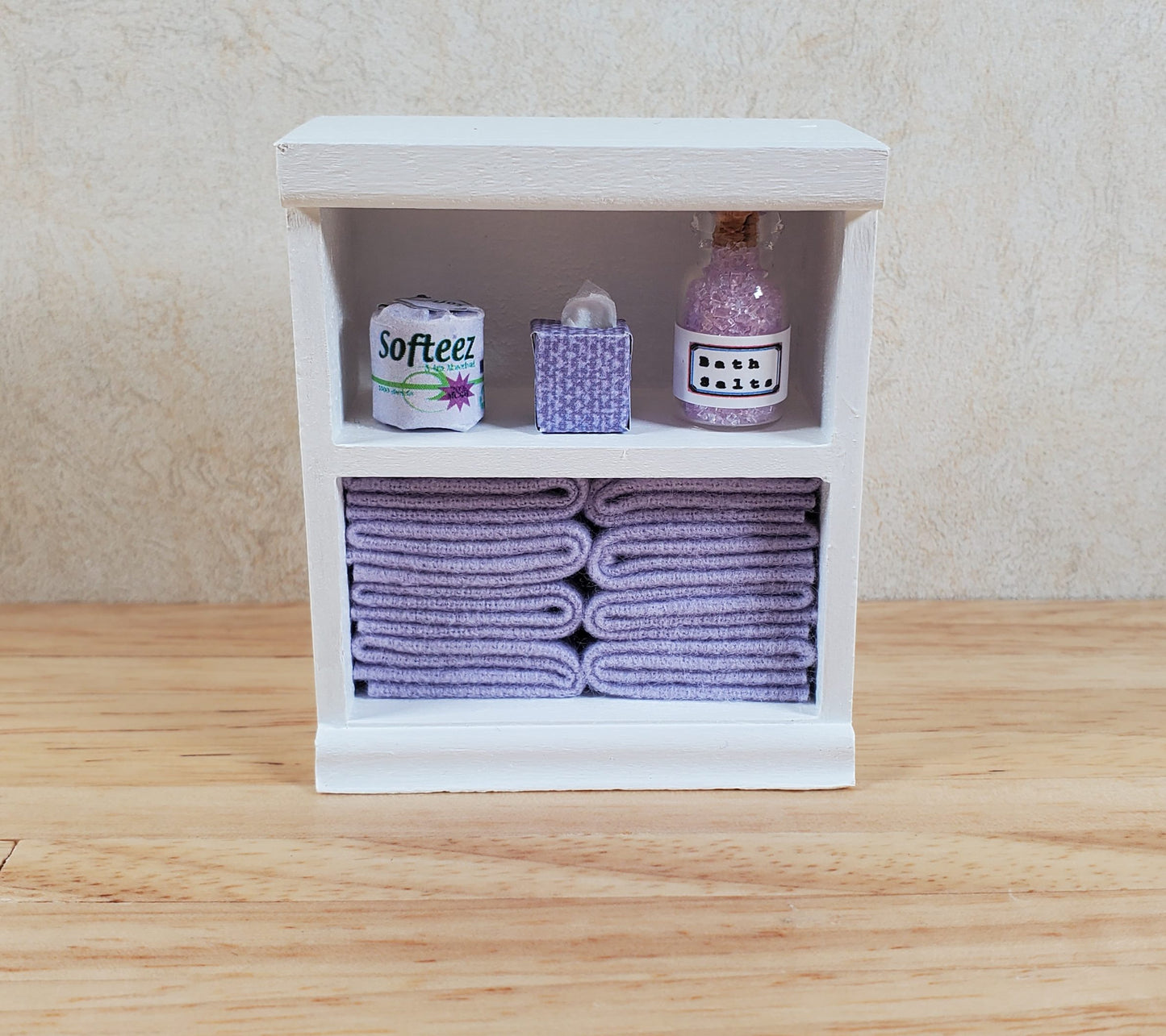 Dollhouse Bathroom Shelf with Purple Towels & Accessories 1:12 Scale Handmade