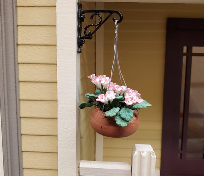 Dollhouse Pink & White Flowers in a Clay Hanging Planter 1:12 Scale Miniature