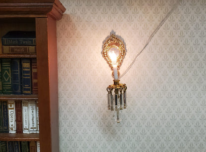 Dollhouse Crystal Wall Sconce with Pendant 12 Volt 1:12 Scale Miniature Handmade