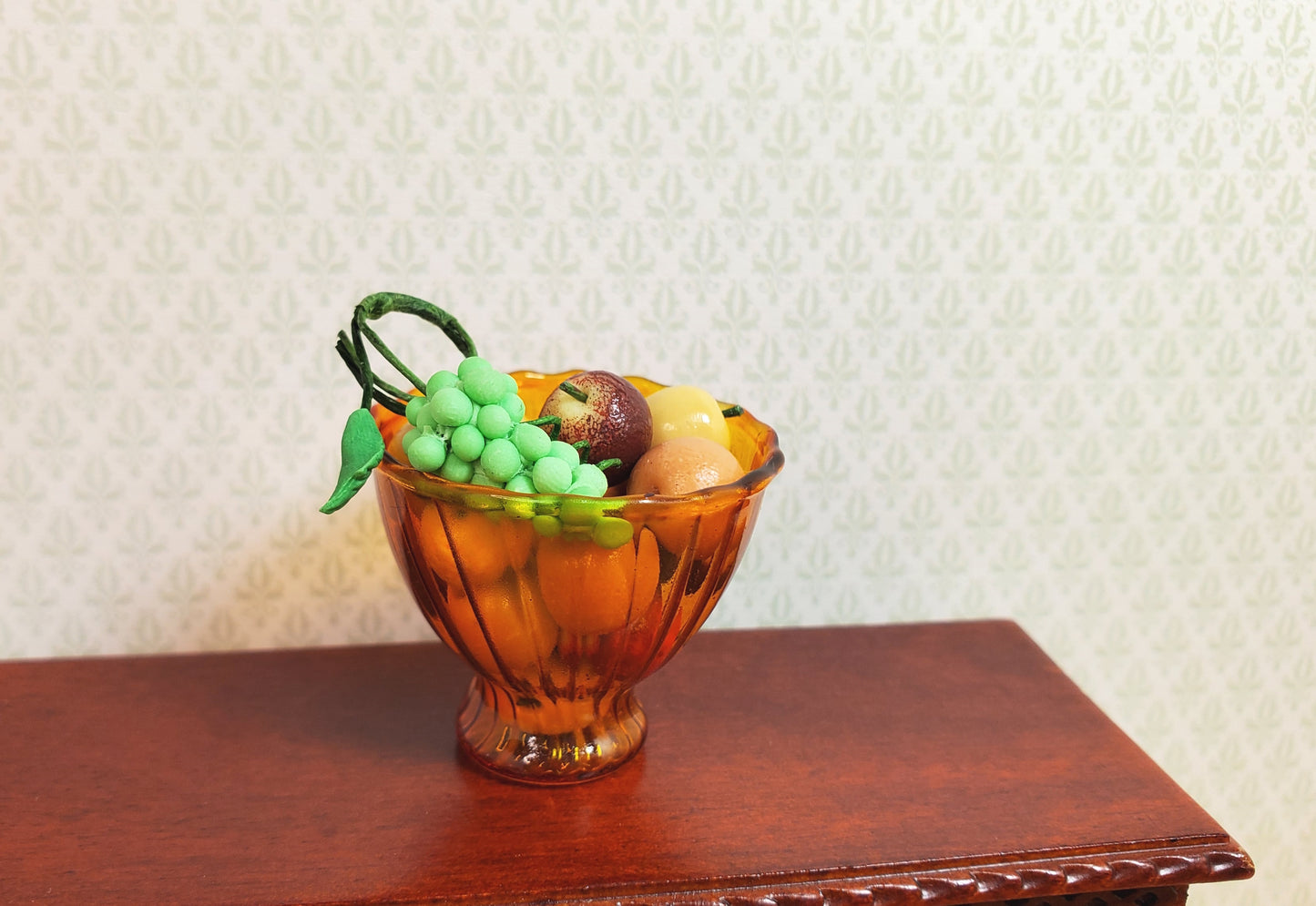 Dollhouse Glass Ribbed Pedestal Bowl Amber Color 1:12 Scale Miniature Decor