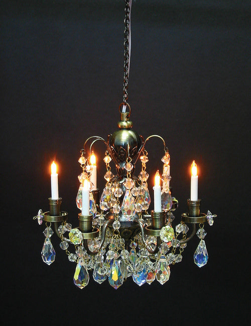 Dollhouse Crystal Chandelier 6 Arm Bronze 12 Volt with Plug 1:12 Scale HW2812