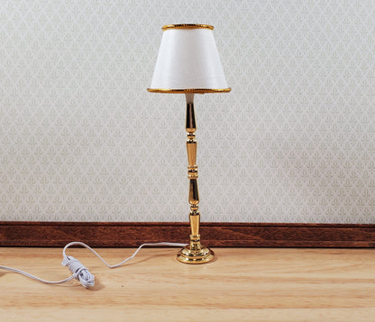 Dollhouse Brass Floor Lamp White Shade 12 Volt with Plug 1:12 Scale HW2718