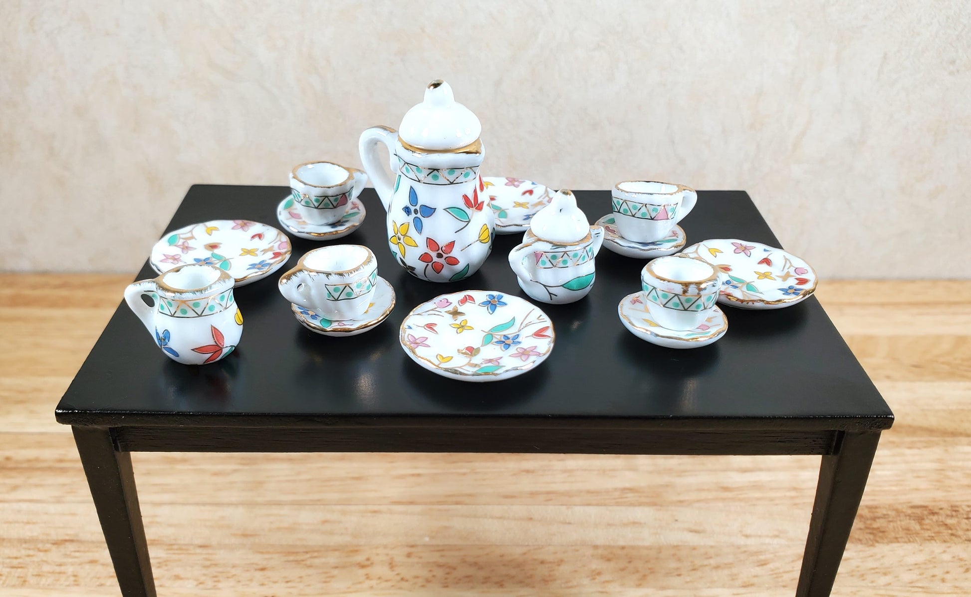 Dollhouse Coffee Set with Plates Ceramic Whimsey Flowers 1:12 Scale Miniature