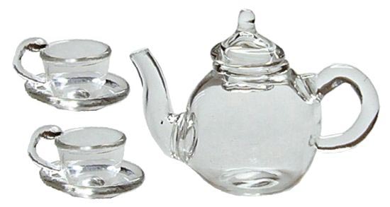 Dollhouse Clear Glass Tea Set Teapot Teacups and Saucers 1:12 Scale