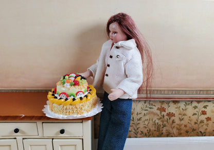Dollhouse Large 2 Tier Cake with Fruit Topping 1:12 Scale Miniature Dessert Food