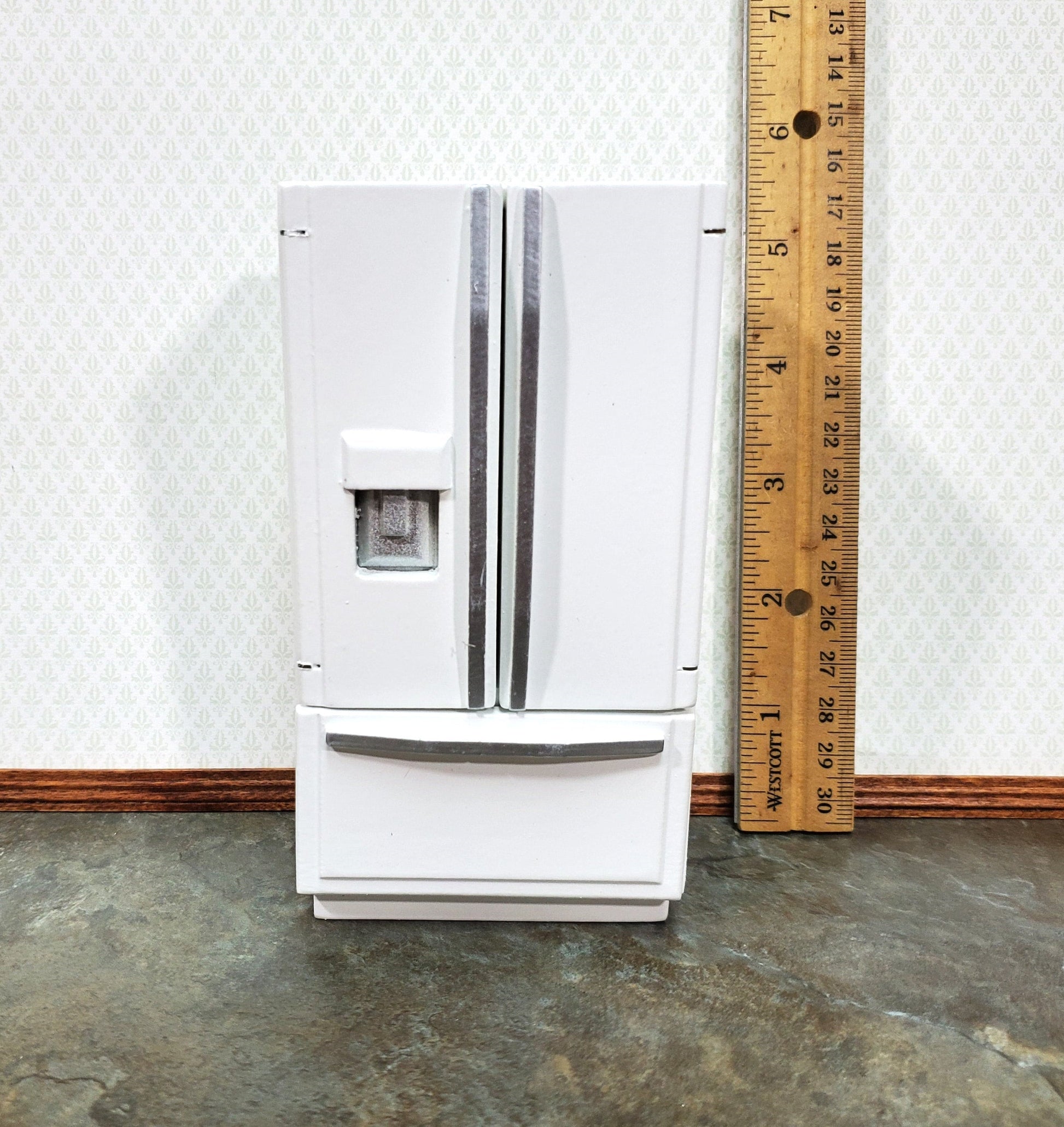 Dollhouse Fridge Modern Refrigerator White Silver 2 Door 1:12 Scale Miniature