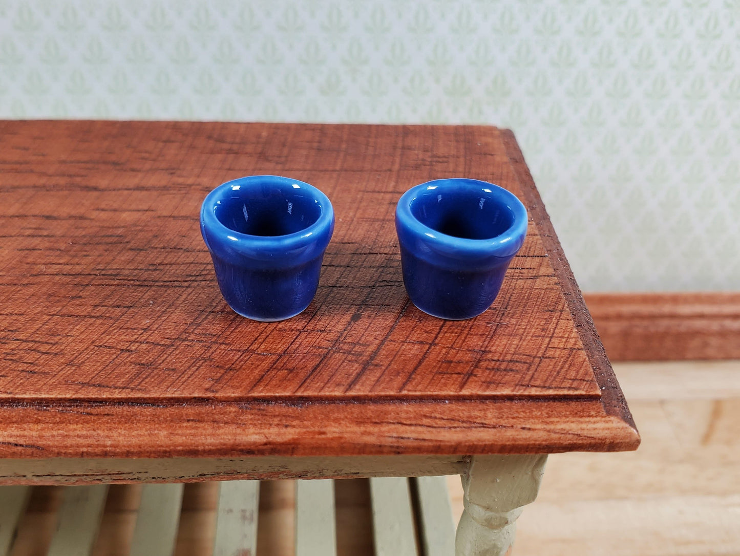 Dollhouse Planters Garden Pots Deep Blue Set of 2 Small Ceramic Miniatures
