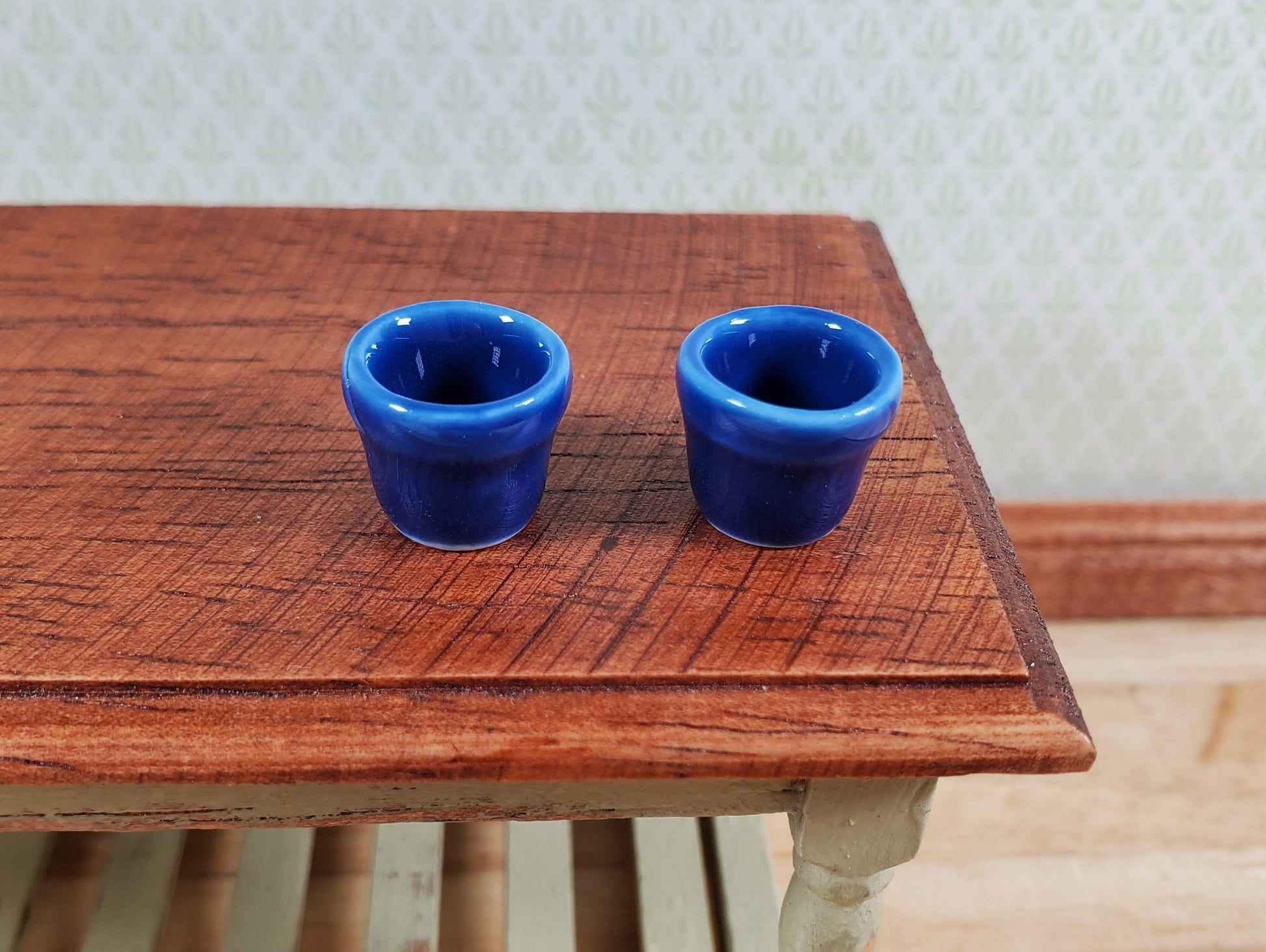 Dollhouse Planters Garden Pots Deep Blue Set of 2 Small Ceramic Miniatures