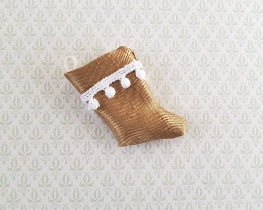 Dollhouse Miniature Christmas Stocking Gold with White Pompoms Handmade 1:12 Scale