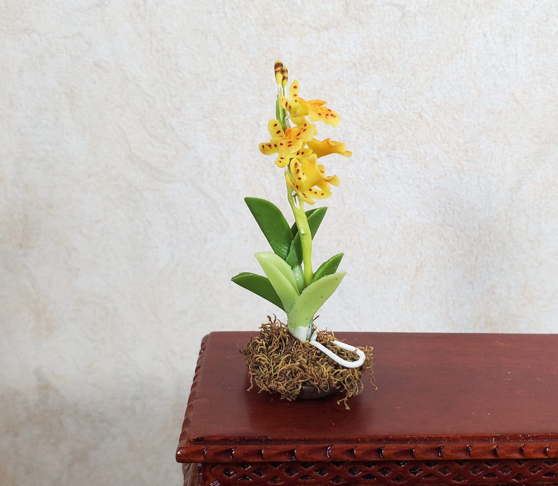 Dollhouse Yellow Orchid Arrangement in Brown Ceramic Pot 1:12 Scale Miniature