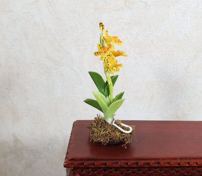 Dollhouse Yellow Orchid Arrangement in Brown Ceramic Pot 1:12 Scale Miniature