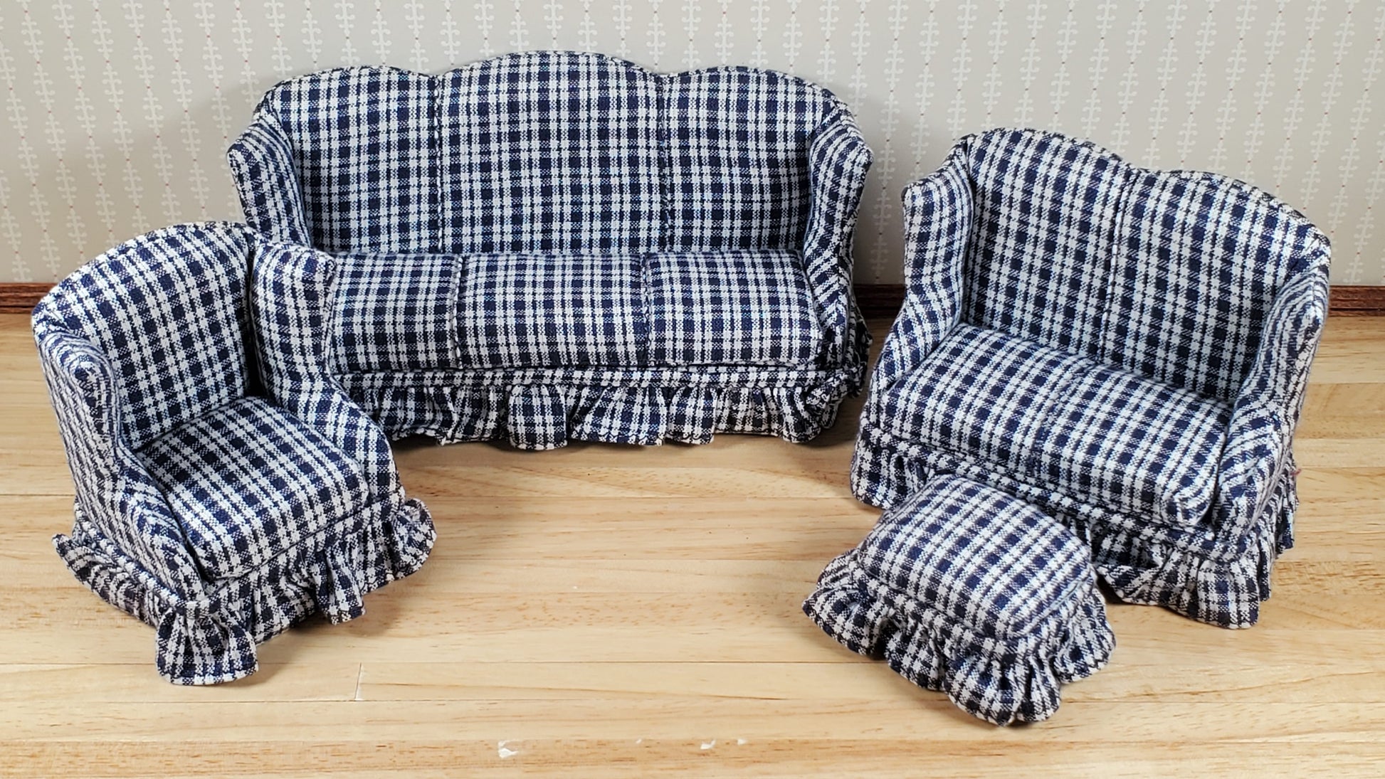Dollhouse Living Room Set 4 pc Navy Blue Plaid 1:12 Scale Miniature Furniture