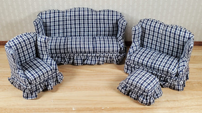 Dollhouse Living Room Set 4 pc Navy Blue Plaid 1:12 Scale Miniature Furniture
