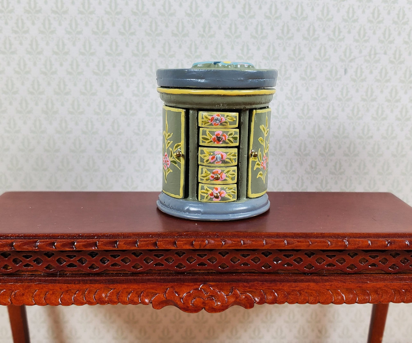 Dollhouse Wood Jewelry Box with Drawers Painted Detail 1:12 Scale Miniature