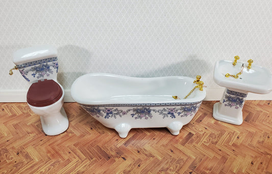 Dollhouse Bathroom Set White & Blue Ceramic Tub Toilet Sink 1:12 Scale Miniature
