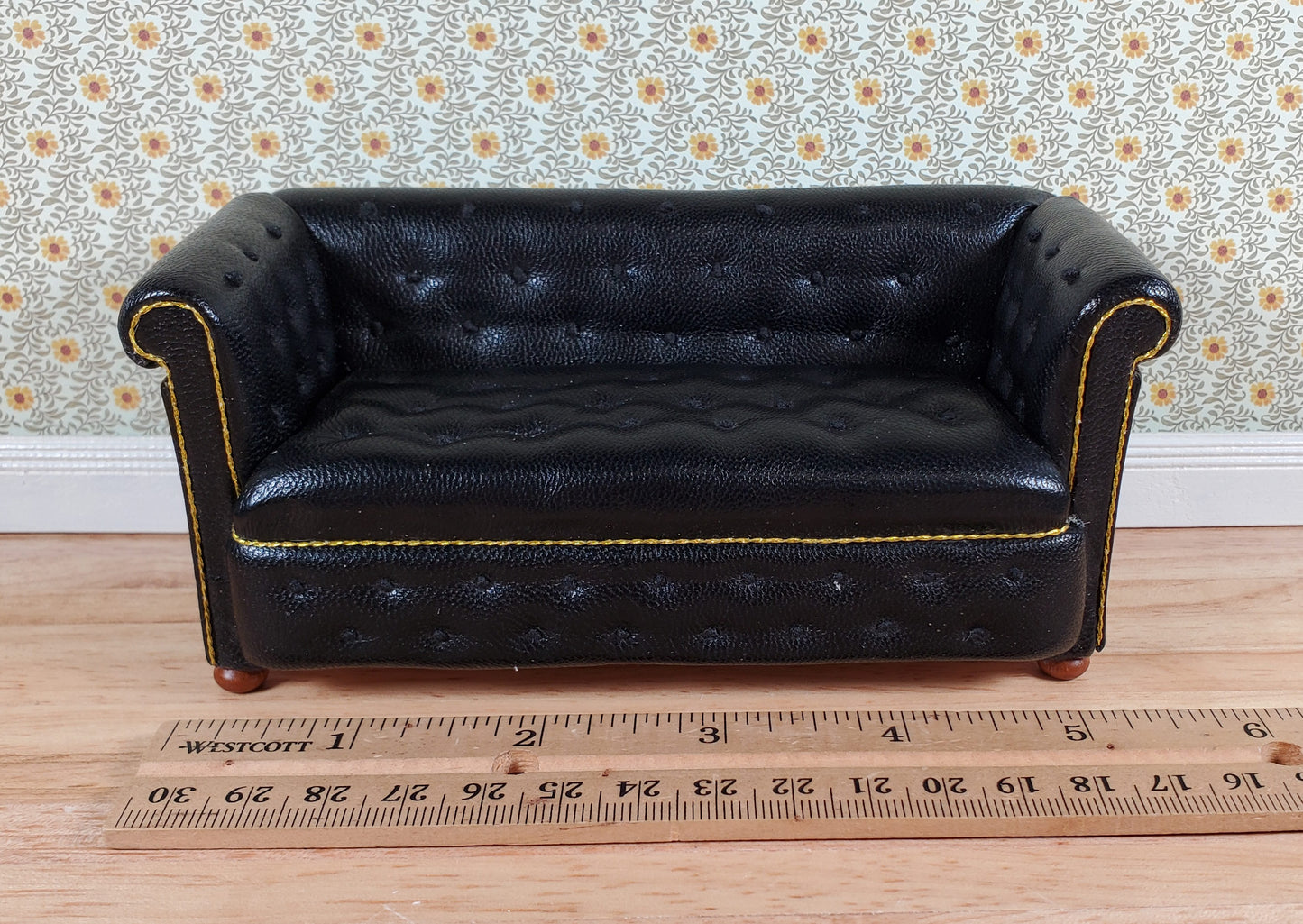 JBM Dollhouse Chesterfield Sofa Black Tufted Faux Leather 1:12 Scale Furniture