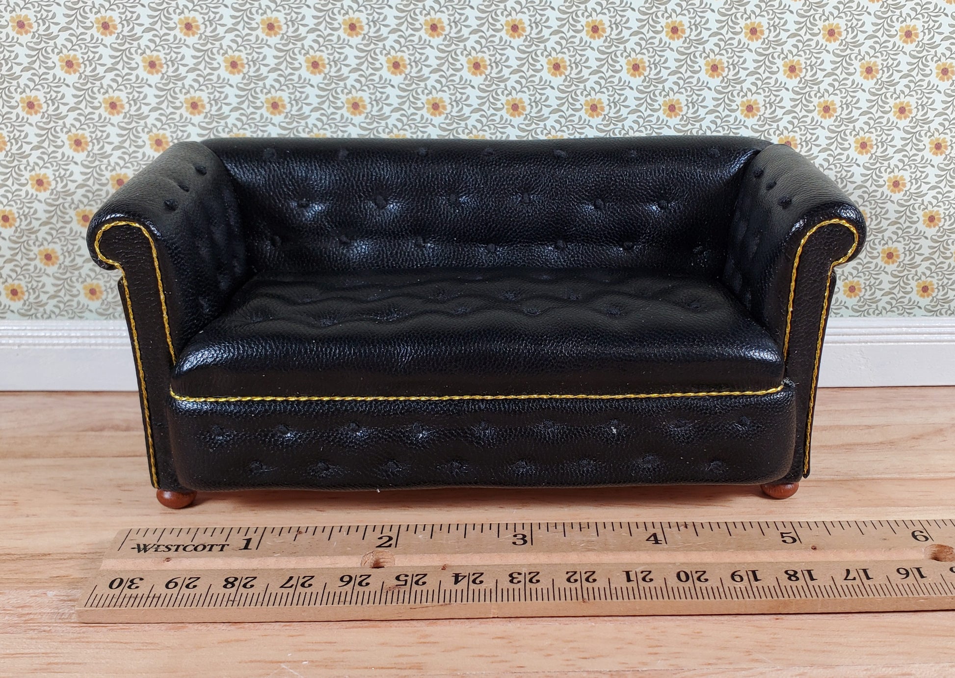 JBM Dollhouse Chesterfield Sofa Black Tufted Faux Leather 1:12 Scale Furniture