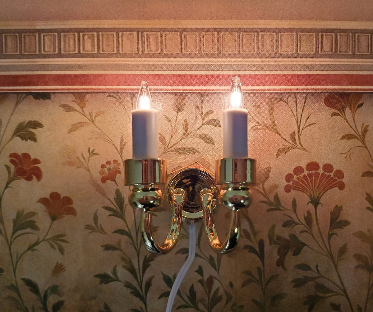 Dollhouse Double Candle Wall Sconce Gold 12 Volt with Plug 1:12 Miniature Light