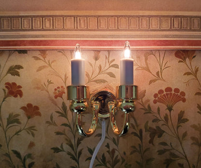 Dollhouse Double Candle Wall Sconce Gold 12 Volt with Plug 1:12 Miniature Light