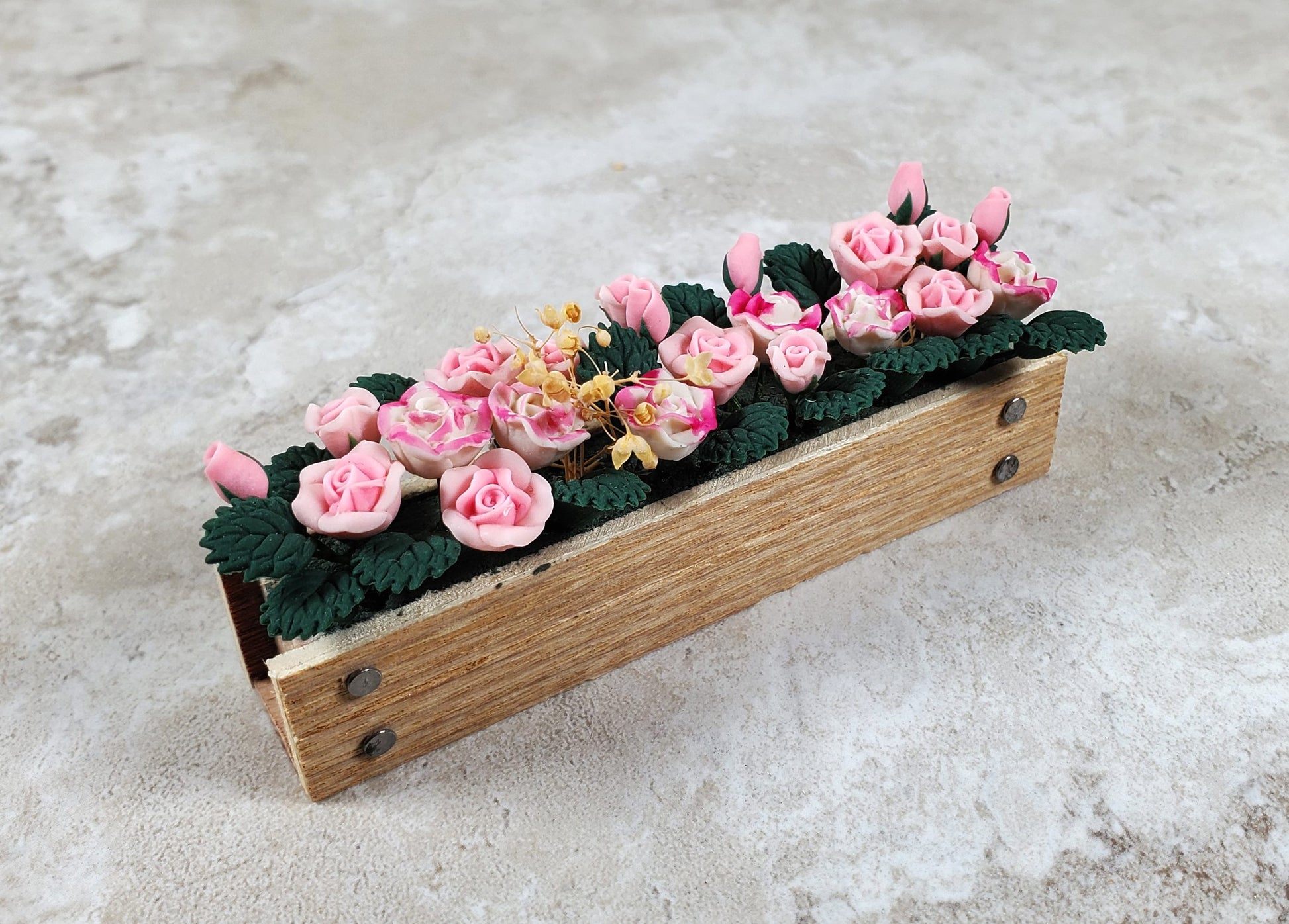 Dollhouse Pink Roses in a 3.25" Window Box Planter 1:12 Scale Miniature