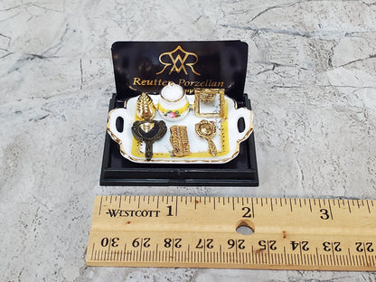 Dollhouse Vanity Set Mirror Comb Perfume Brush Reutter Porcelain 1:12 Scale Miniature
