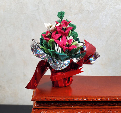 Dollhouse Red & White Poinsettias in Gift Wrapped Foil 1:12 Scale Miniature