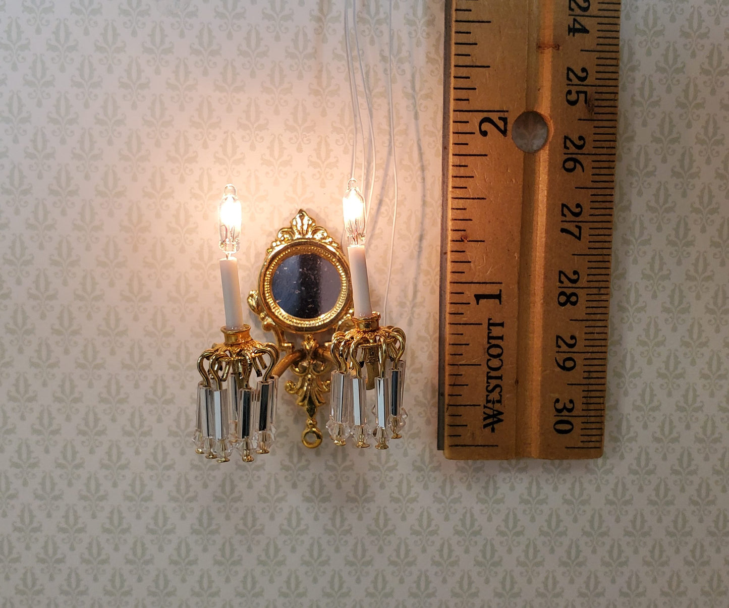 Dollhouse Double Crystal Candle Sconce 12 Volt 1:12 Scale Miniature Handmade