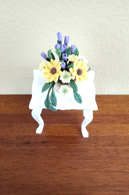 Dollhouse Miniature Flowers Yellow Daisies Purple Tulips in a Twine Basket 1:12 Scale