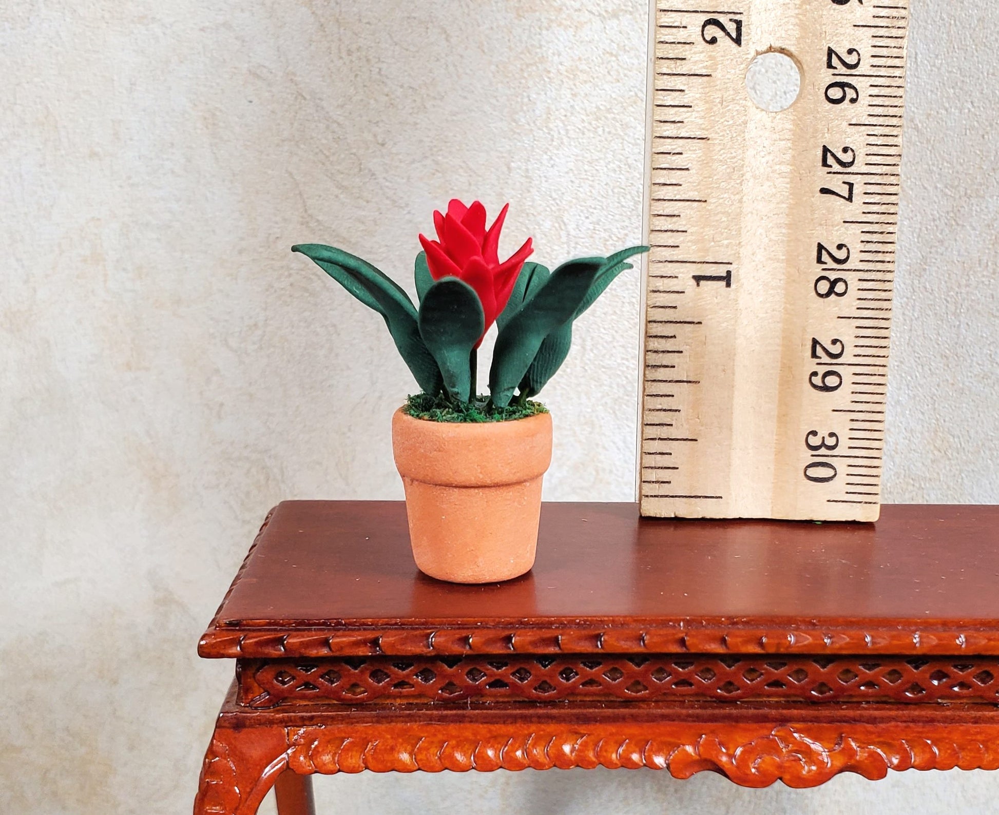Dollhouse Bromeliad with Red Flower in Terra Cotta Pot 1:12 Scale Miniature