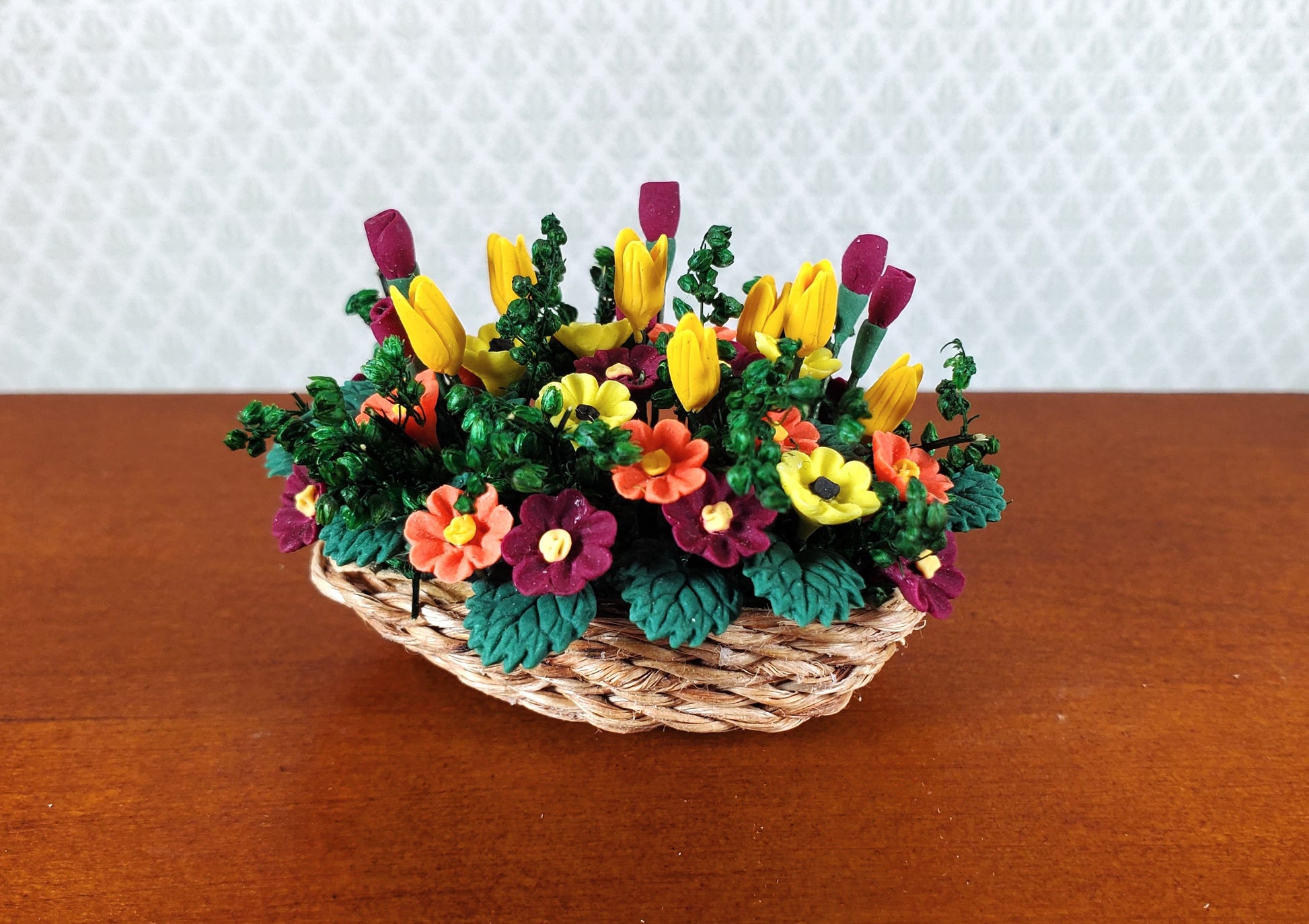 Dollhouse Autumn Colored Centerpiece in a Natural Basket 1:12 Scale Miniature