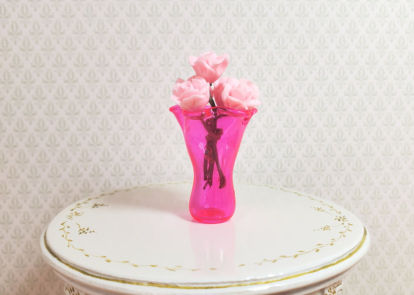 Dollhouse Neon Pink Glass Ruffled Vase 1:12 Scale Miniature Decoration